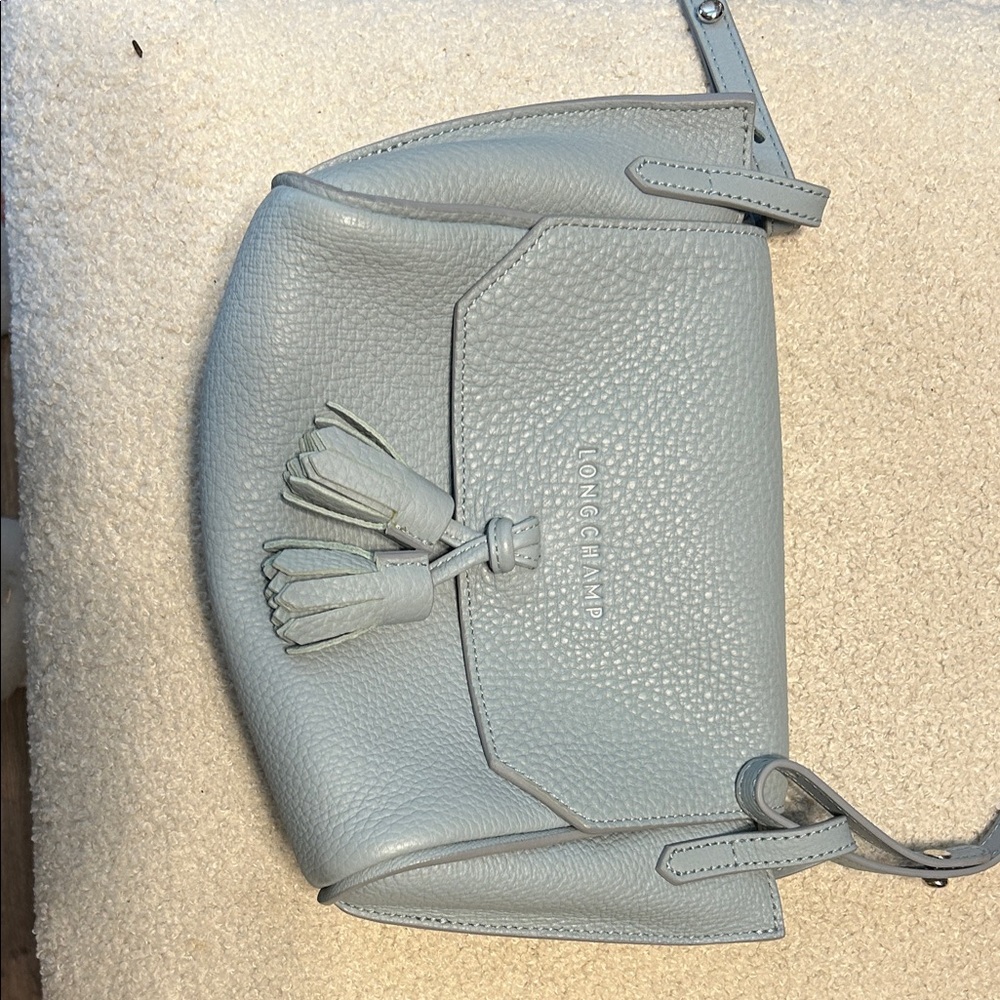 Longchamp Light Gray Pebbled Leather Crossbody with Tassel Detail